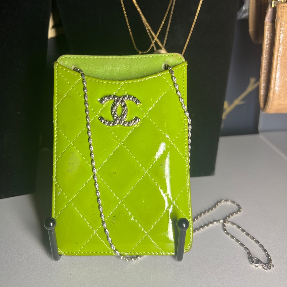 Chanel Neon Green Quilted Patent Leather Cardholder with Chain